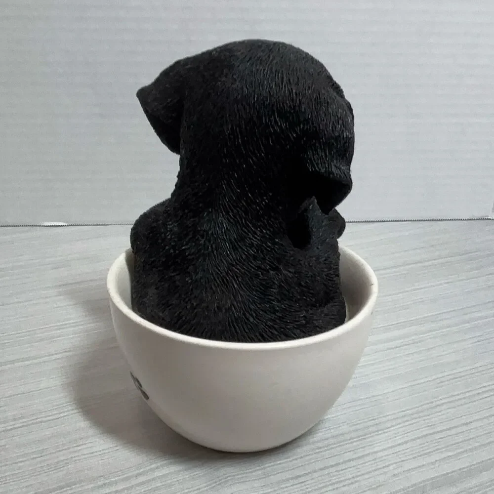 Black Puppy Dog Figurine in Paw Print Teacup Statue 4.5